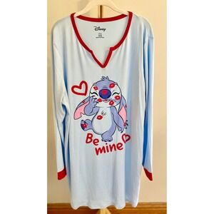 Disney Stitch Be Mine Blue Red Long Sleeve Nightgown Sleep Shirt XL 16-18